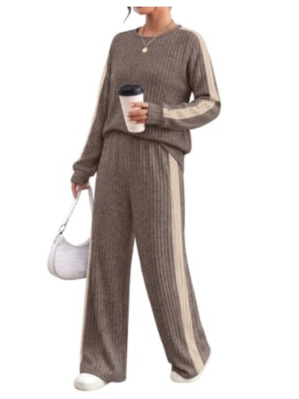 Ribbed Knit Two Piece Lounge Set Wide Leg Pants Long Sleeve Top